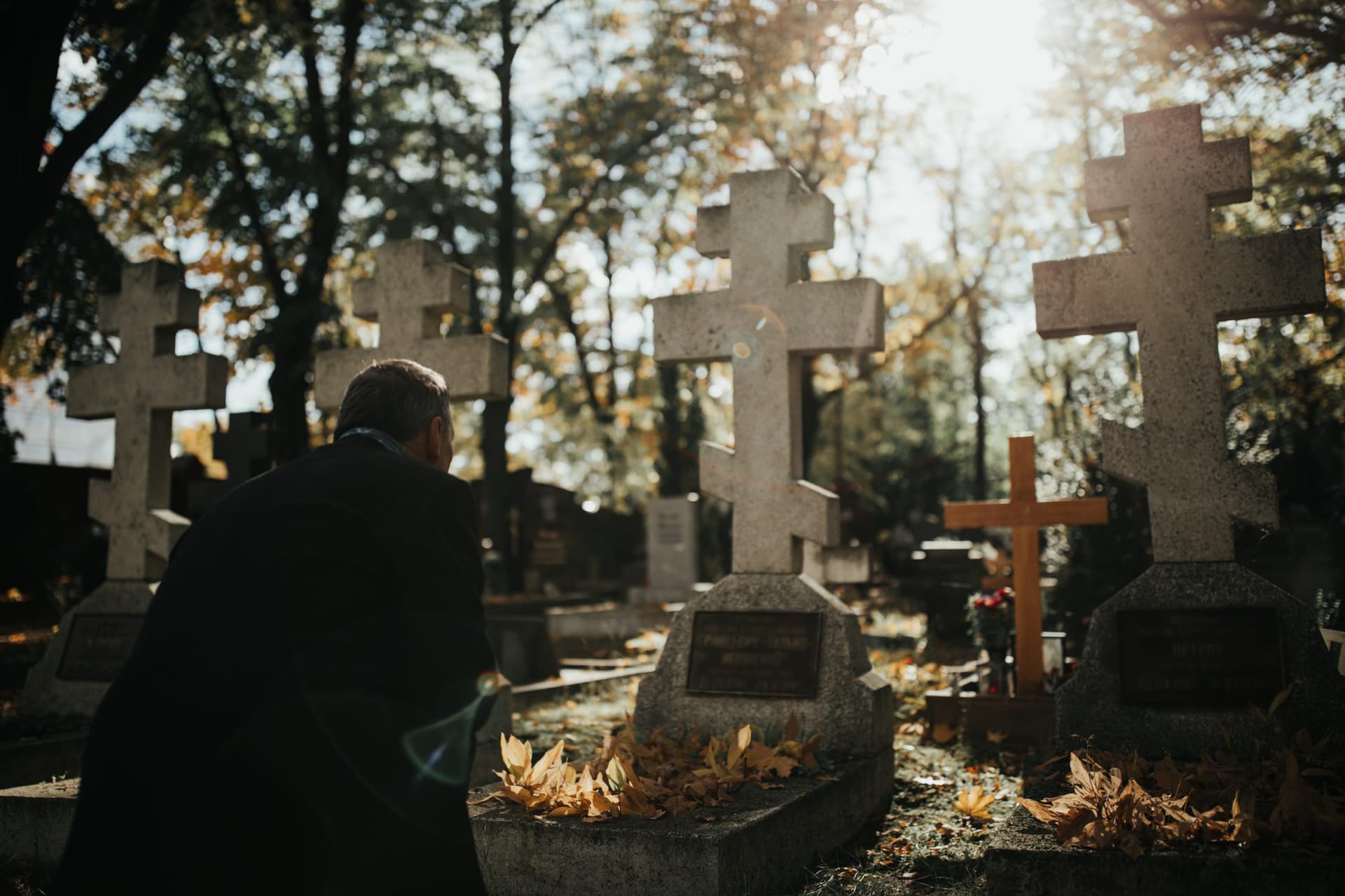 Stone crosses at dusk